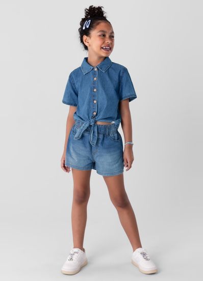 Camisa cropped em jeans leve infantil menina Brandili - 10