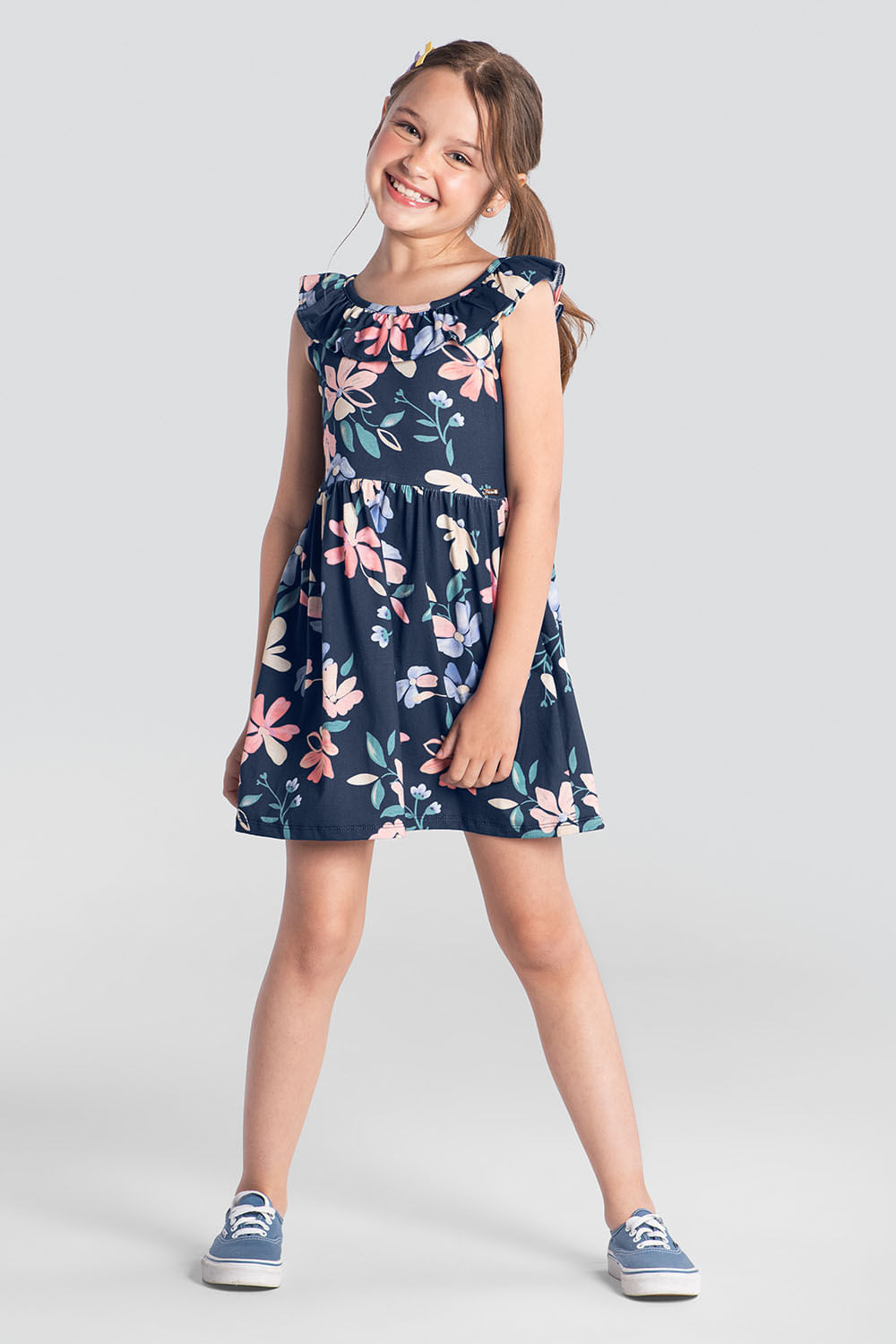 Vestido infantil menina de flores em malha Brandili