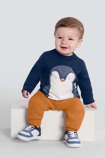 Conjunto bebê menino de pinguim em puff Brandili - P