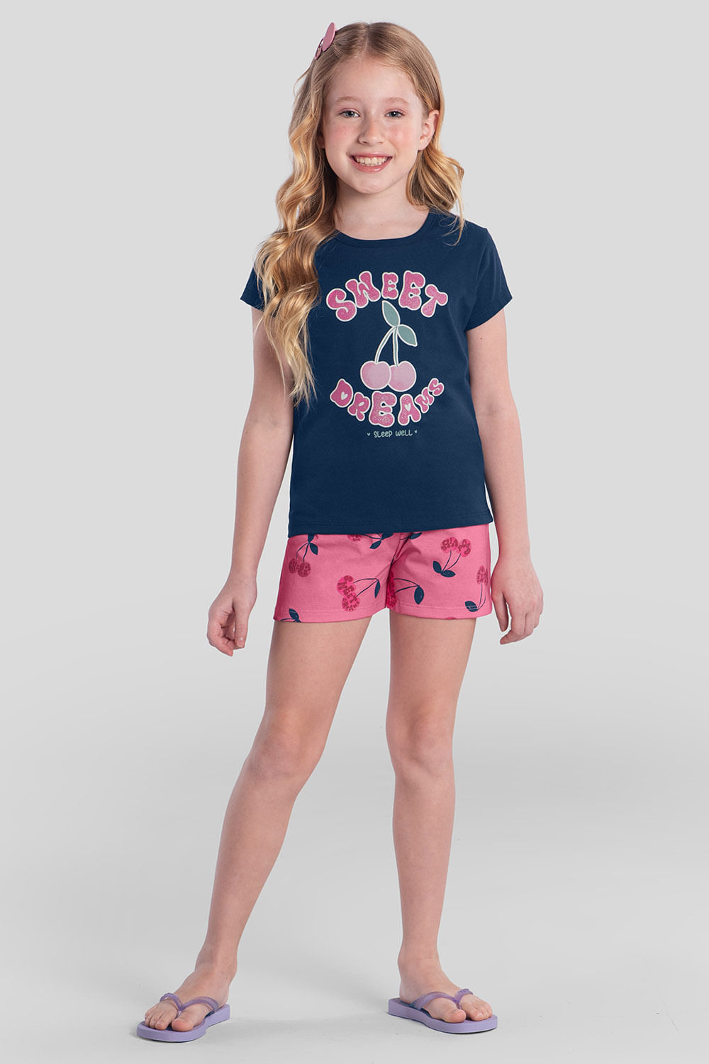 Pijama infantil menina de cereja brilha no escuro Brandili