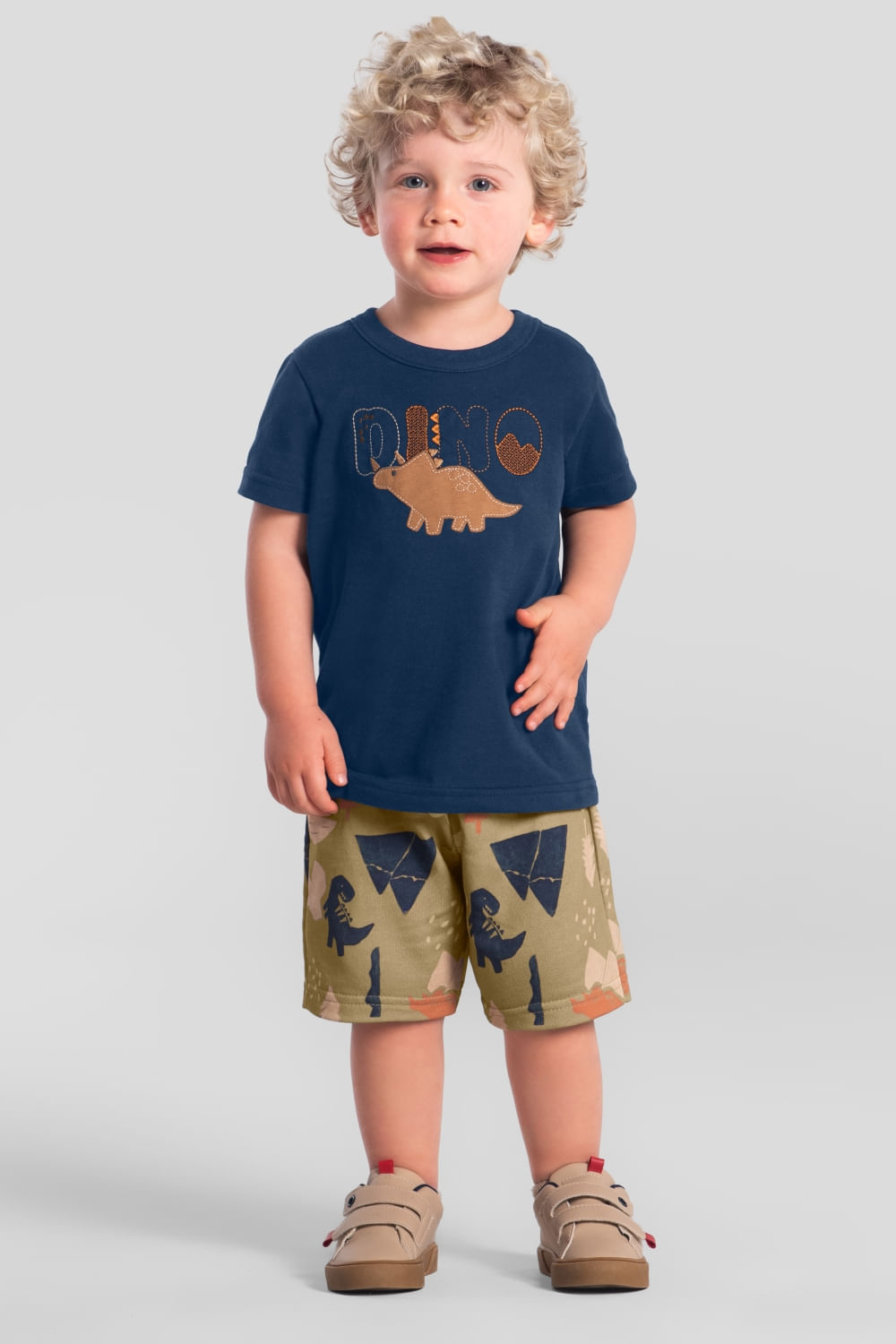 Conjunto infantil menino com bordado de dinossauro Brandili